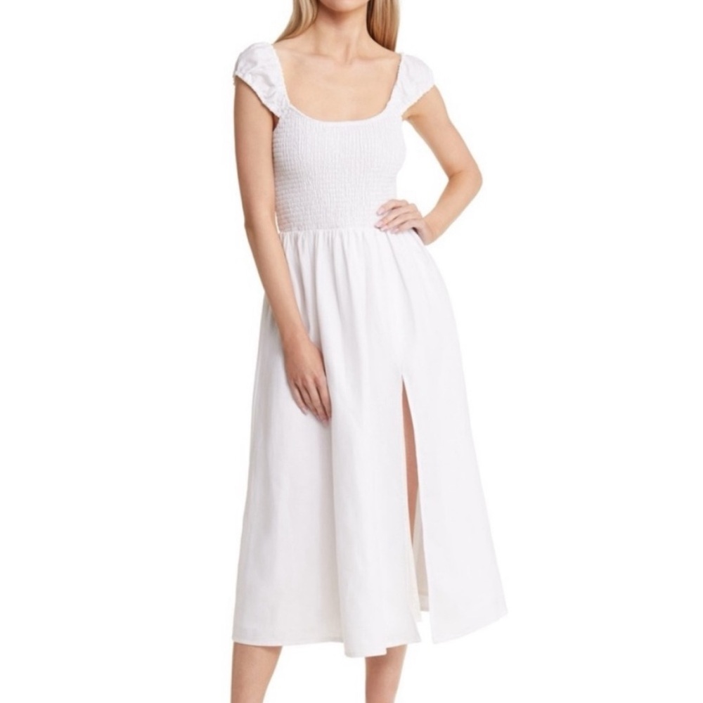 Reformation Tavi Linen Smocked Midi Slit White Dress XS new with tags
